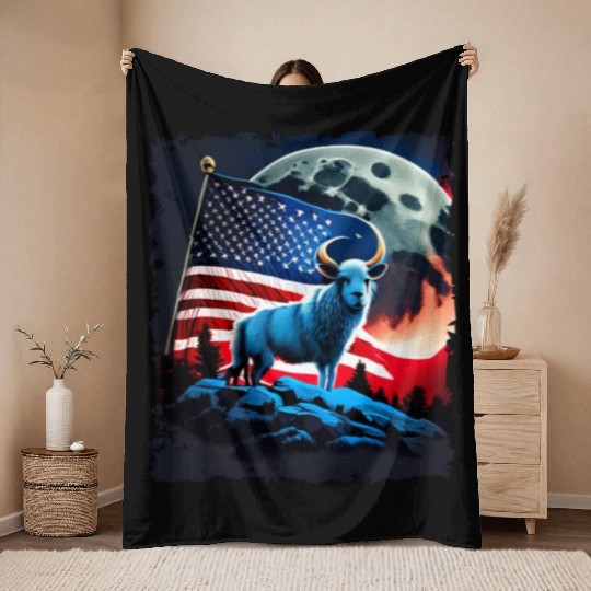 America sheep under Moon with American Flag Throw Blankets