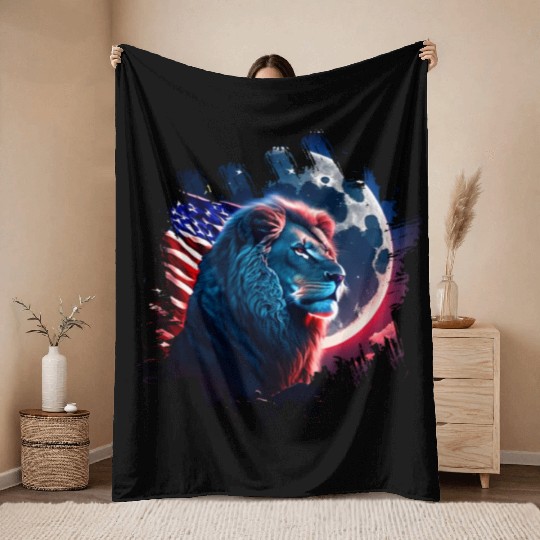 America lion under Moon with American Flag Throw Blankets