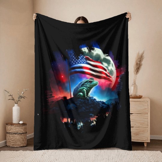 America frog under Moon with American Flag Throw Blankets