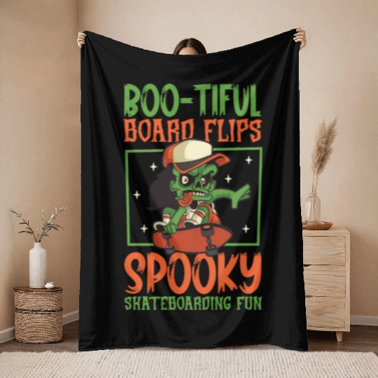 Spooky Horror Skateboarder Halloween Skateboarding Throw Blankets
