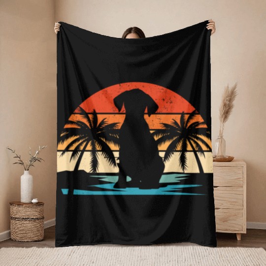 Dachshund retro vintage dog beach sunset tree Throw Blankets