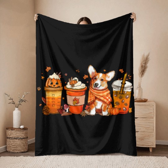 Fall Coffee with Corgi Pumpkin Spice Latte Lovers Throw Blankets