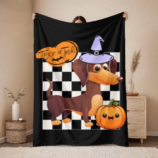 Cute Halloween Dachshund Trick or Treating Throw Blankets
