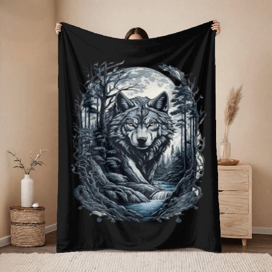 Sunset Grey Wolf Hunter for Men and Women Throw Blankets