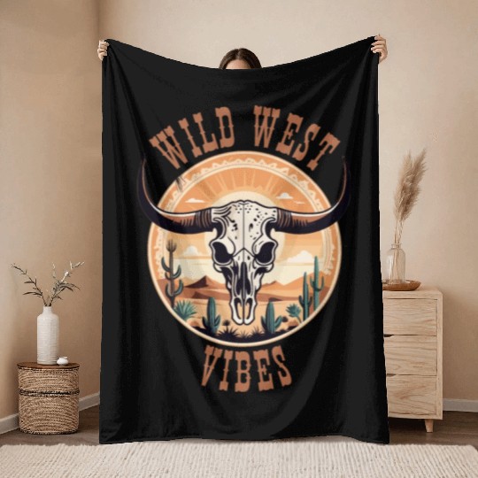 Vintage Cow Skull Wild West Vibes Throw Blankets