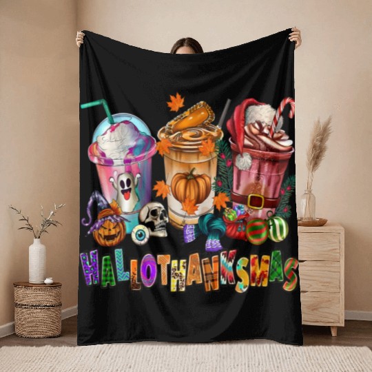 Happy Hallothanksmas Coffee Latte Halloween Throw Blankets