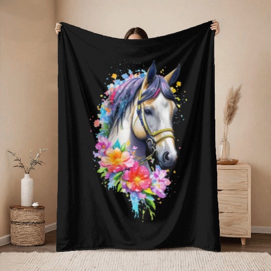 Flower Horse Spring Nature Horse Lovers For Women Throw Blankets