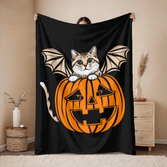 Cute Creepy Cat With Bat Wings Funny Halloween Throw Blankets