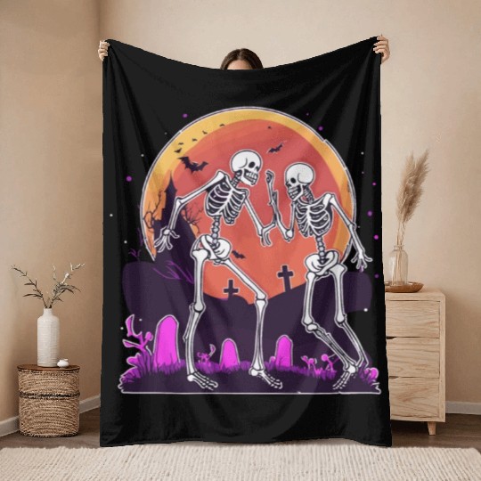 "Skeletal Dance-Off Under Neon Moon" Throw Blankets