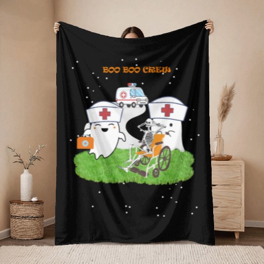 Funny Halloween Boo Boo Crew Ghost Nurse Throw Blankets