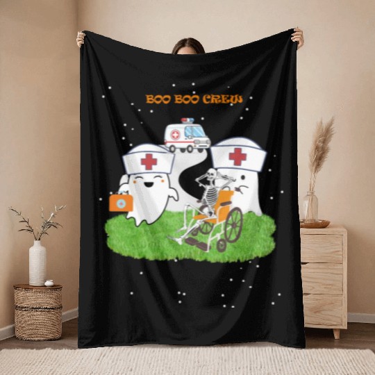 Funny Halloween Boo Boo Crew Ghost Nurse Throw Blankets