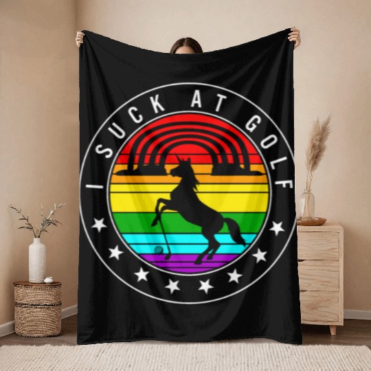 Golf Throw Blankets, I Suck At Golf Unicorn Rainbow Retro