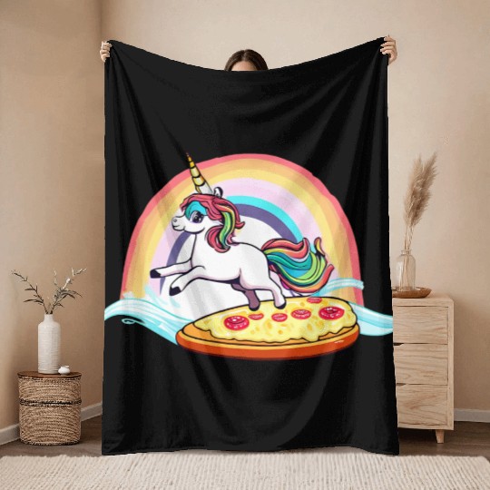 Unicorn surfs for pizza with rainbow Throw Blankets