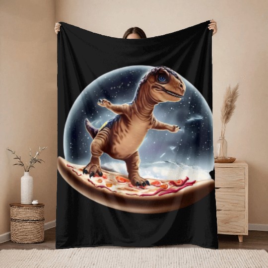 Dinosaurs on pizza through space Throw Blankets