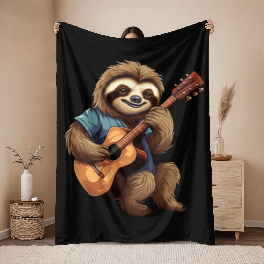 Sloth Guitar Player Throw Blankets