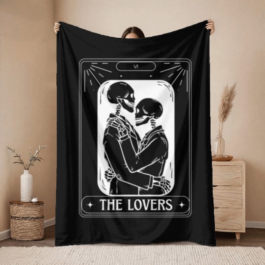 The Lovers Tarot Card Got Skeleton Skull Halloween Throw Blankets
