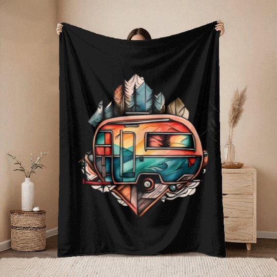 Camper / camping / Wildness / Tree / Mountain Throw Blankets