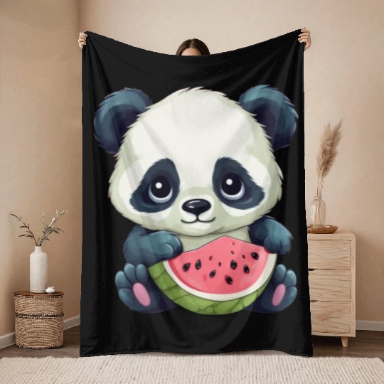 Cute panda girl with watermelon Throw Blankets
