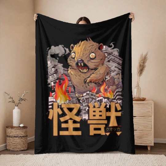 Kaiju Quokka Japanese Anime Monster Throw Blankets