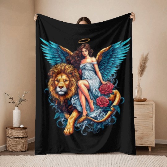 Pretty angel on lion with flowers Throw Blankets