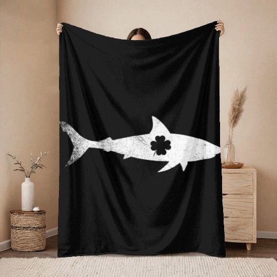 Shark Shamrock St Patricks Day Shark Lover Throw Blankets
