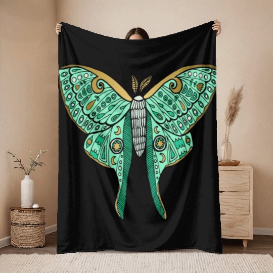 Luna Moth Green And Gold Throw Blankets