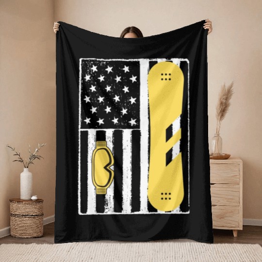 Vintage Snowboarding Us Flag Throw Blankets