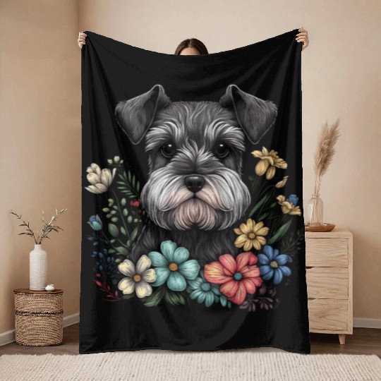 Miniature Schnauzer Flower Garden Cute Puppy Dog Throw Blankets