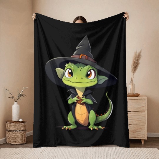 Cute Halloween lizard with a witch hat. Throw Blankets