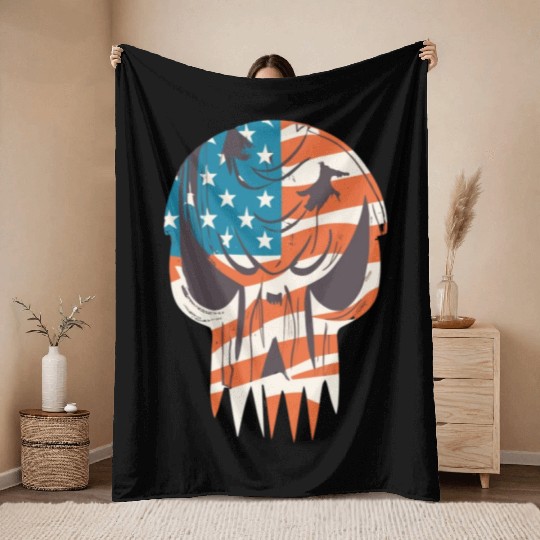 Usa flag skull - badass and distressed art Throw Blankets