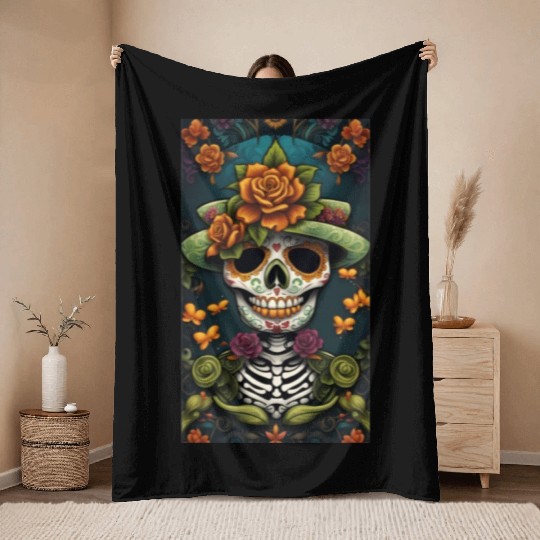 Sugar Skull Man In Good Luck Green With Flowers Throw Blankets