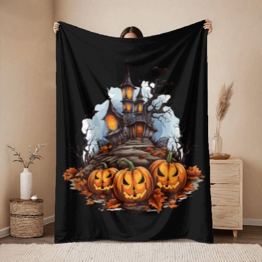 Halloween Pumpkin Bat Spell Haunted House Throw Blankets