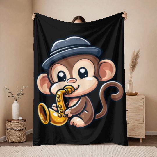Chimpanzee with saxophone Throw Blankets