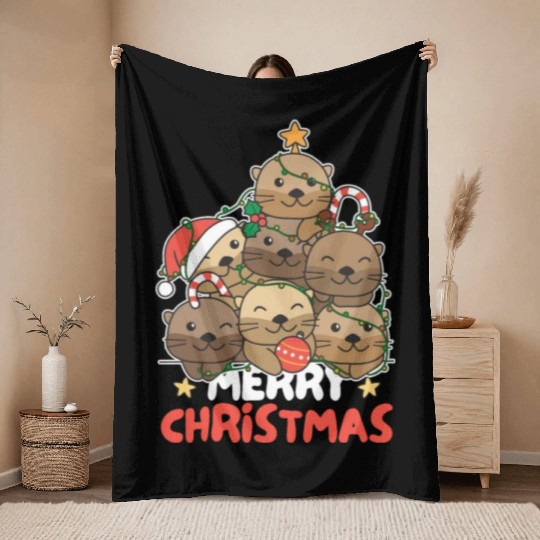 Otter Christmas Tree Merry Christmas Throw Blankets