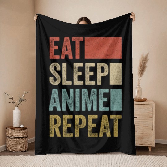 Vintage Retro Eat Sleep Anime Repeat Gift Funny Throw Blankets