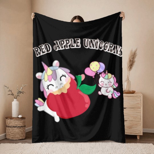 Funny Unicorn Hungry Eat a Red Apple Day Throw Blankets