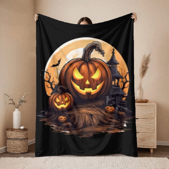 Halloween Haunted House Spell Pumpkin Bat Throw Blankets