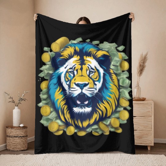 Money Lion Art Throw Blankets