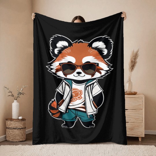 Red Panda Cub With Glasses Throw Blankets