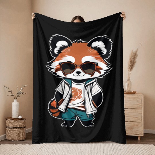 Red Panda Cub With Glasses Throw Blankets