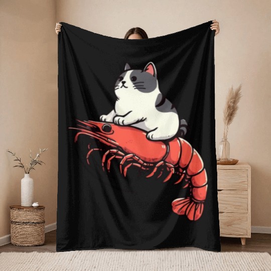 Cat rides shrimp Throw Blankets
