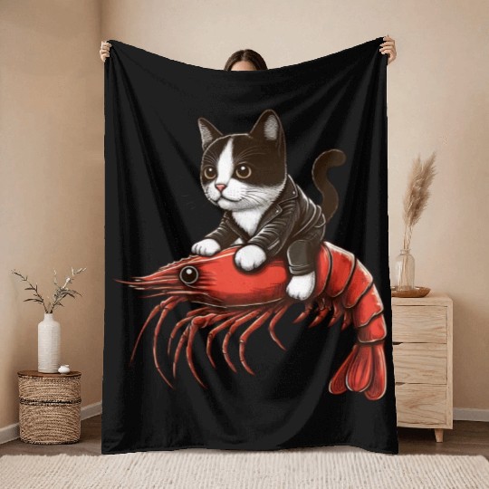 Cat rides shrimp Throw Blankets