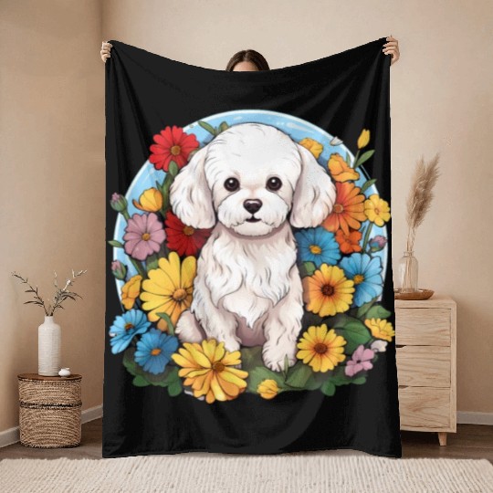 Bichon Frise Floral Flower Cute Colorful Puppy Dog Throw Blankets