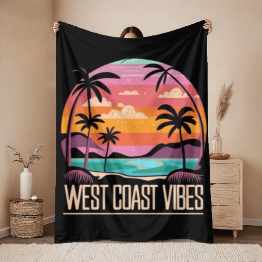 Tranquil beach at sunset West Coast Vibes Throw Blankets