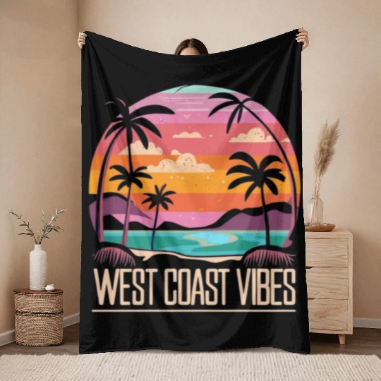 Tranquil beach at sunset West Coast Vibes Throw Blankets