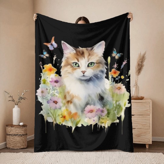 CAT Watercolor Flowers Butterflies Throw Blankets