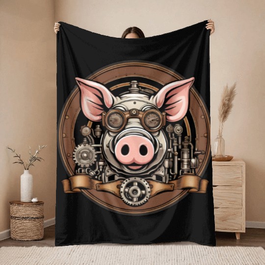 Steampunk Pig / Animal / Old School / Retro Throw Blankets