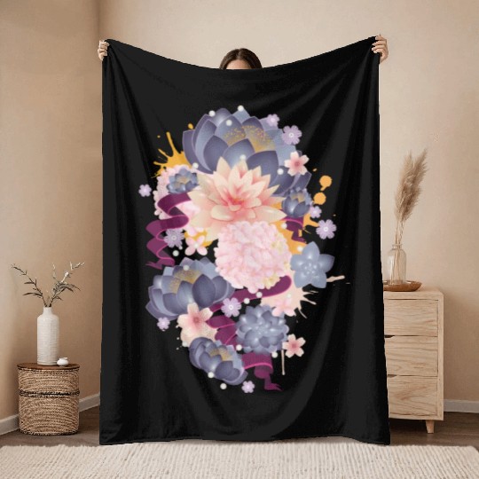Composition of water lilies, hydrangeas & succulen Throw Blankets