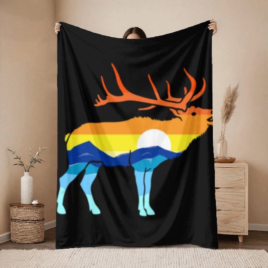 Camping Hiking Retro Mountains Outdoors Camp Elk Throw Blankets
