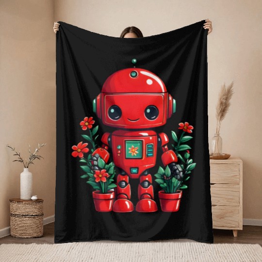 Flower Red Robot Throw Blankets